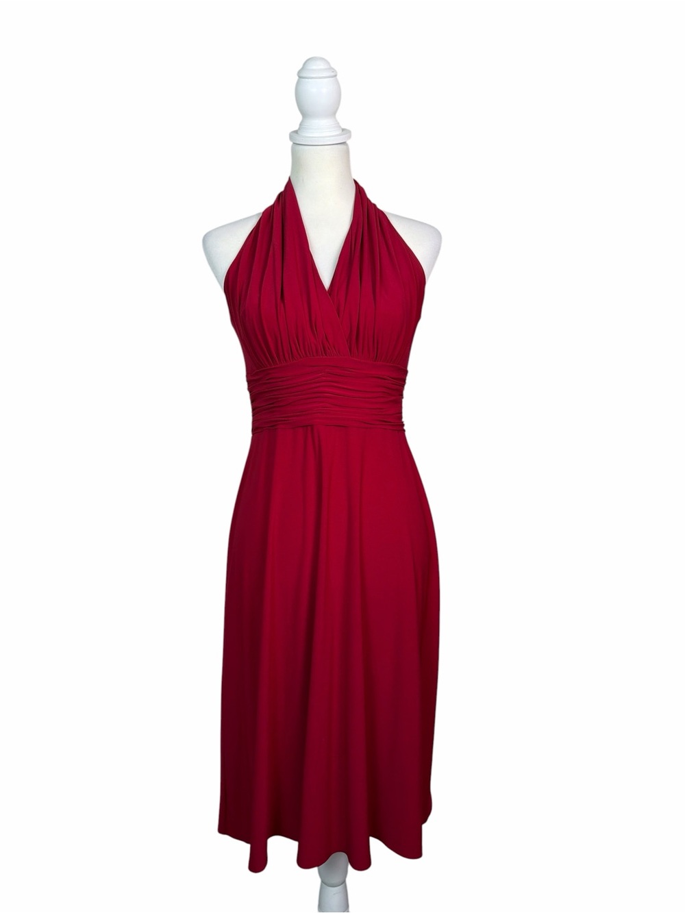 Evan-Picone Red Halter Midi Dress Petite 8P Ruched Waist Cocktail